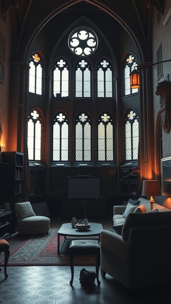A Gothic-inspired living room with tall arched windows and layered lighting.