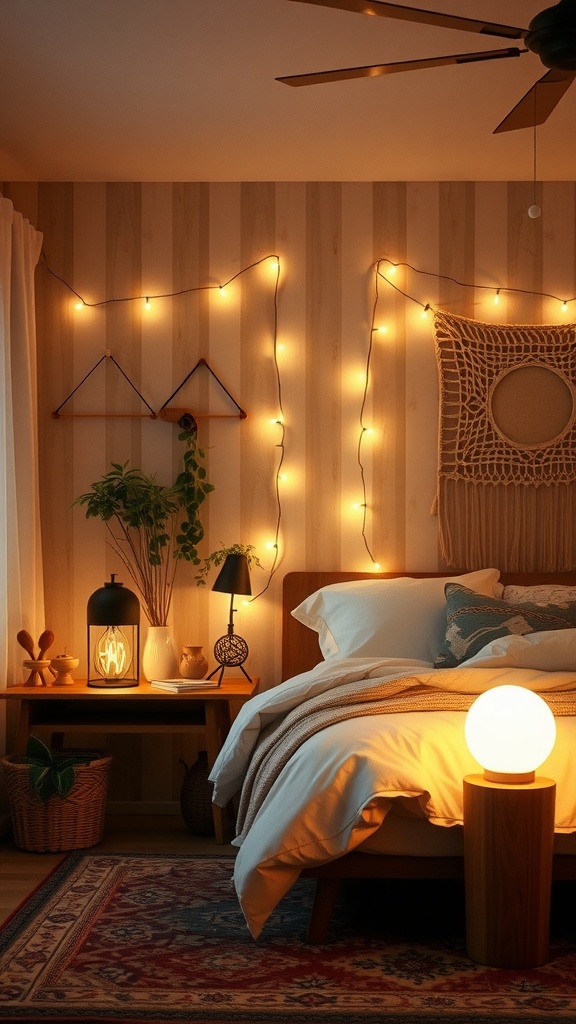 Cozy boho bedroom with layered lighting featuring string lights, a table lamp, and a round lamp.