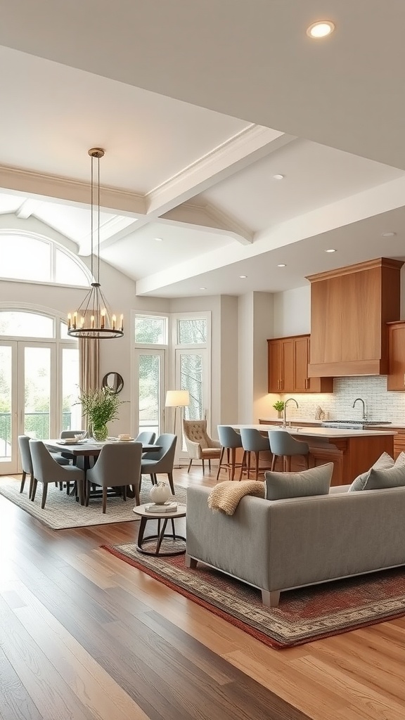 A spacious living room and kitchen area featuring layered lighting with a chandelier, recessed lights, and large windows for natural light.