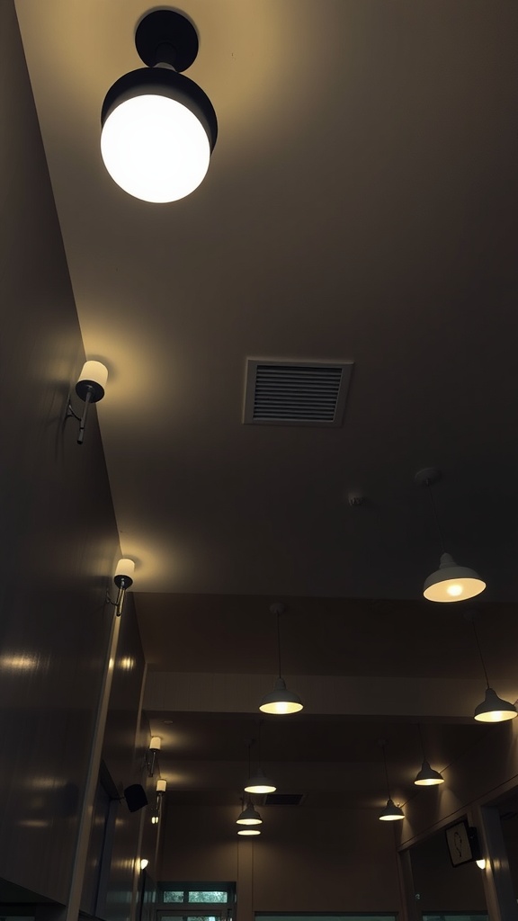 Various light fixtures on a low ceiling, including pendant lights and wall sconces