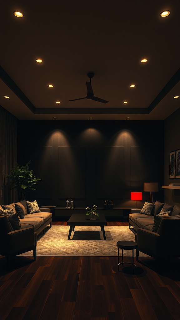 A dark-themed living room with warm layered lighting, showcasing a cozy atmosphere and elegant decor.