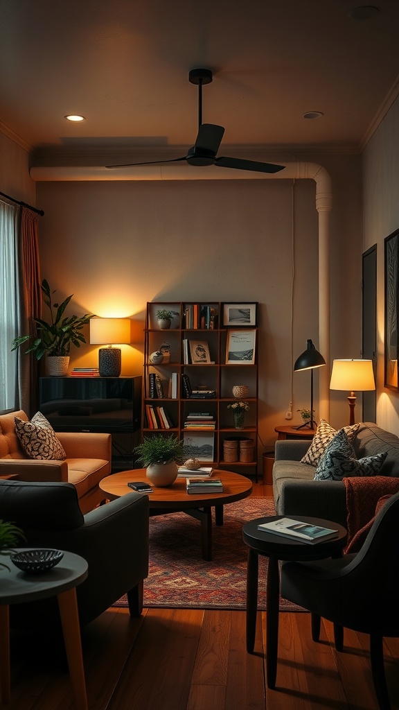 A cozy living room featuring layered lighting with a ceiling fan, table lamps, and overhead lights.