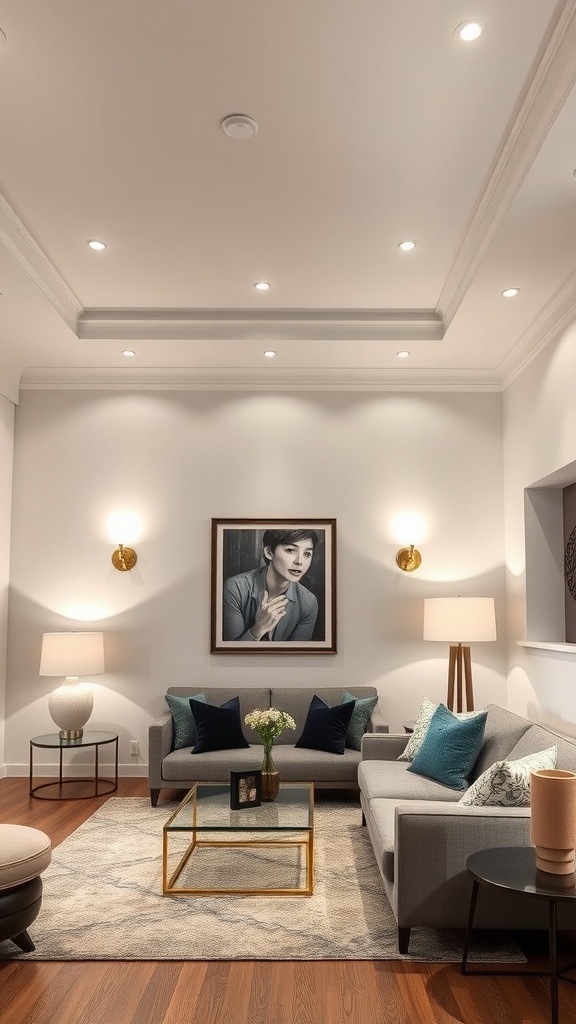 A stylish living room blending Art Deco and contemporary styles with layered lighting techniques.