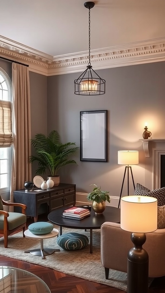 Cozy living room featuring layered lighting with a pendant light, floor lamp, and table lamp.