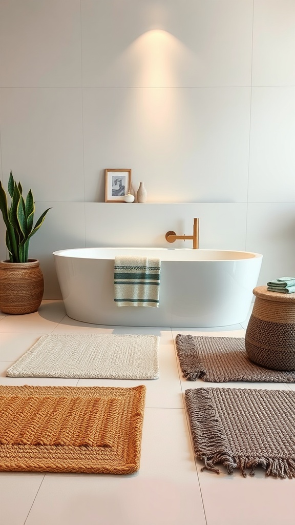 A stylish bathroom featuring layered mats in various colors and textures, enhancing the space's decor.