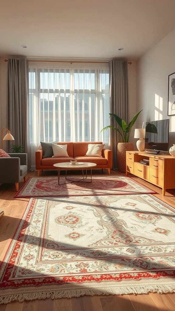 A cozy living room with layered rugs, featuring a light-colored base rug and a smaller circular rug, complemented by a bright orange sofa.