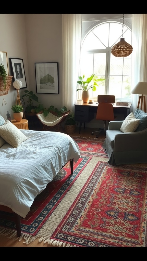 A cozy bedroom featuring layered rugs, a bed with white linens, and plants near a window.