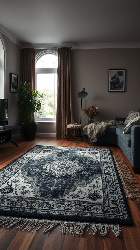 A layered rug in a cozy living room featuring a dark palette, wooden flooring, and stylish decor.