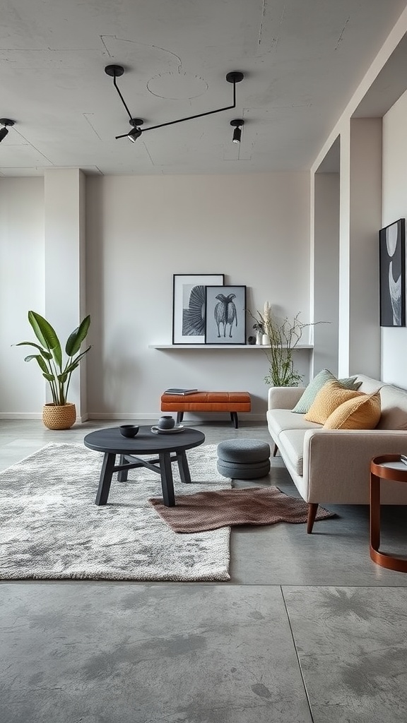 A stylish living room featuring layered rugs on concrete floors, blending textures and colors.