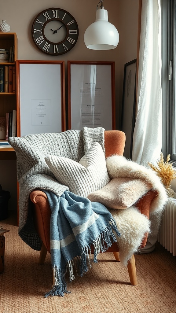 Cozy armchair with layered textiles including pillows and blankets, creating a warm fall office atmosphere.