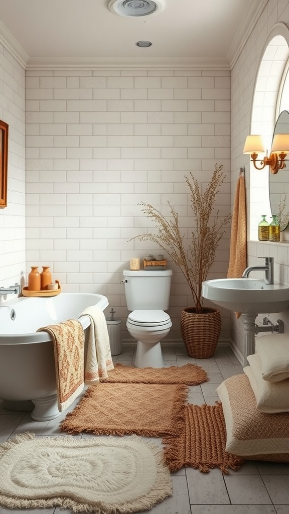 A Boho-style bathroom featuring layered rugs and textiles in earthy tones.