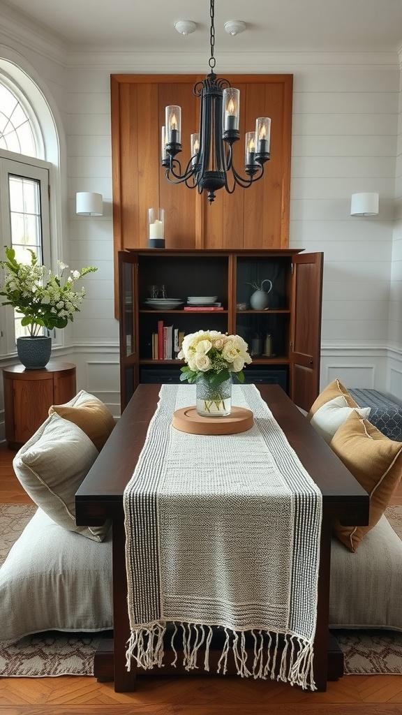 Cozy Modern Farmhouse Dining Room with layered textiles and warm tones