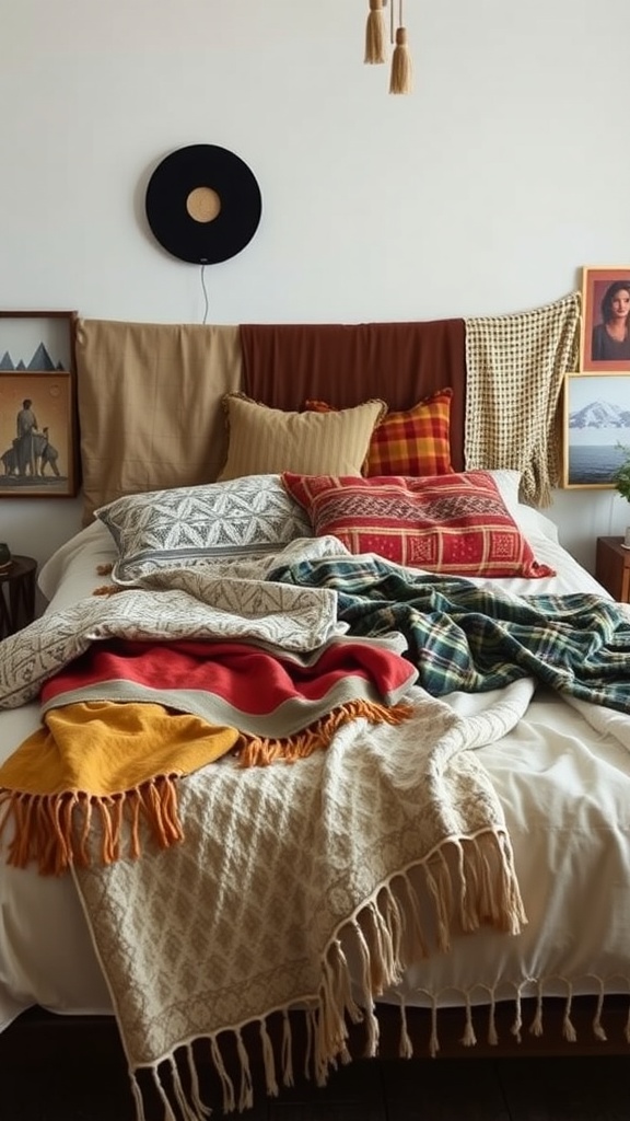 Cozy boho bedroom with layered textiles on the bed, featuring a variety of blankets and pillows.