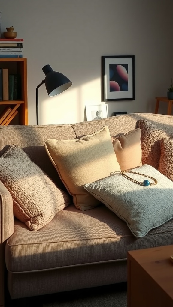 Cozy couch with layered pillows and warm lighting in a home office setting