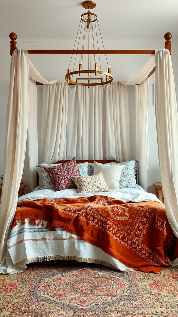 A Boho bedroom featuring a canopy bed adorned with layered textiles, including patterned pillows and a vibrant orange blanket, set against a patterned rug.