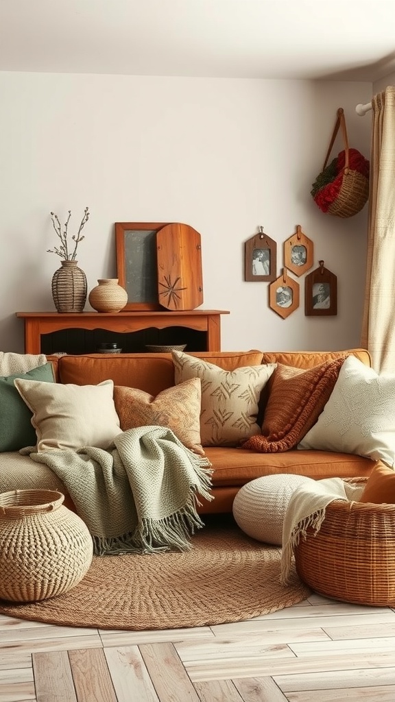 Cozy living room featuring layered textiles with rustic accents.