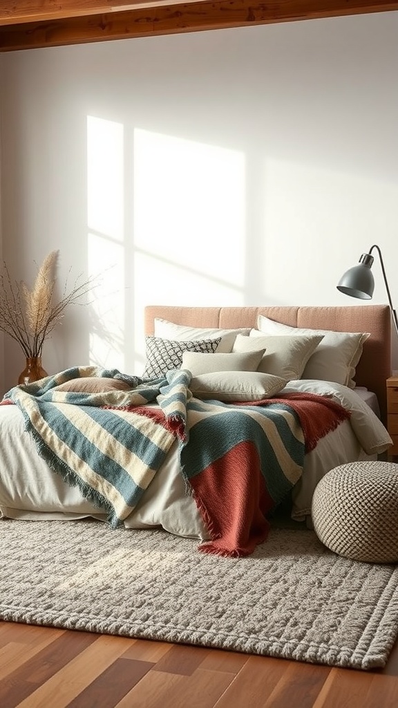 A cozy bedroom with layered textures featuring a bed with a striped blanket, multiple pillows, a knitted pouf, and a plush rug.