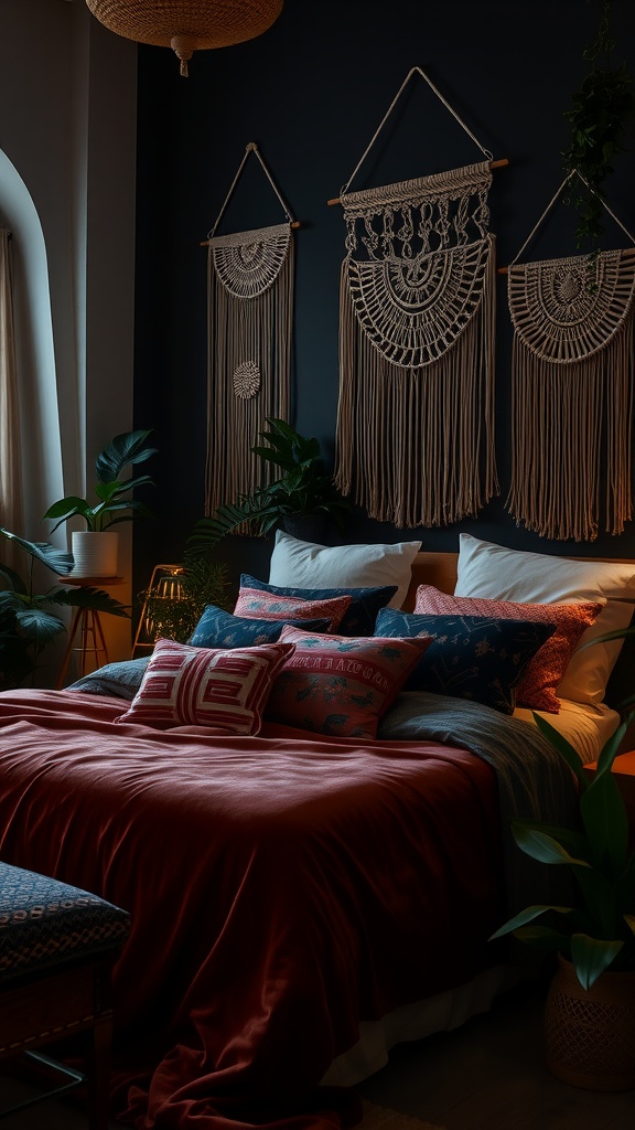 A dark boho bedroom featuring layered textures including various pillows, a cozy blanket, and woven macramé wall art.