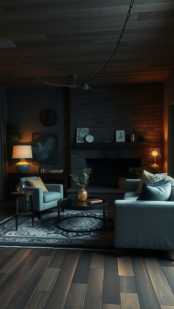 A cozy living room with dark palette decor, featuring soft sofas, a round table, and a warm ambiance.