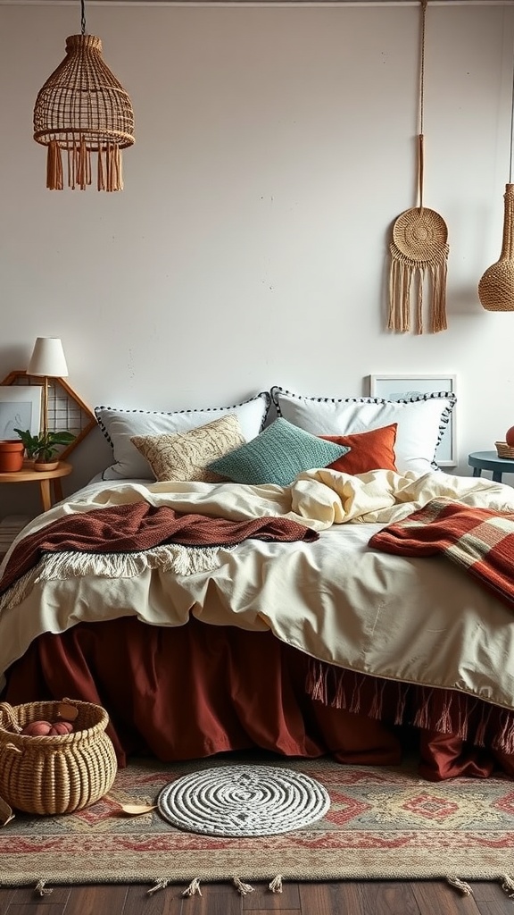 A cozy bedroom featuring layered boho bedding, complete with textured pillows and throws.