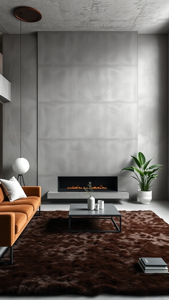 A stylish Brutalist living room featuring concrete walls, a brown plush rug, an orange sofa, and a modern coffee table.