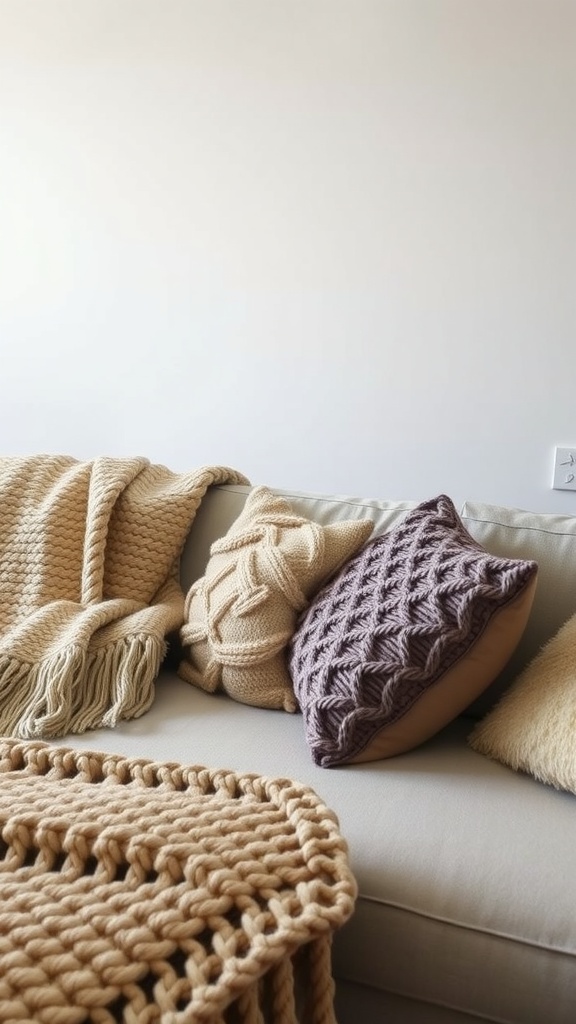 A cozy living room with a sofa covered in knitted throws and textured pillows.