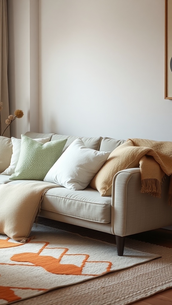 Cozy sofa with layered throw pillows in various colors and textures.