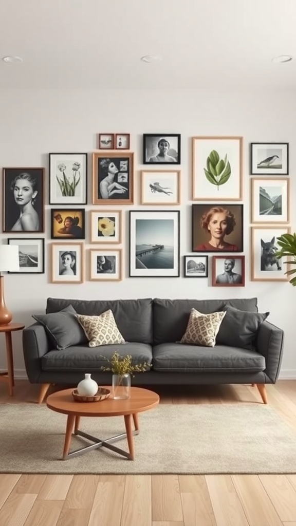 A living room featuring a layered wall art gallery with various framed artworks and a cozy gray sofa.