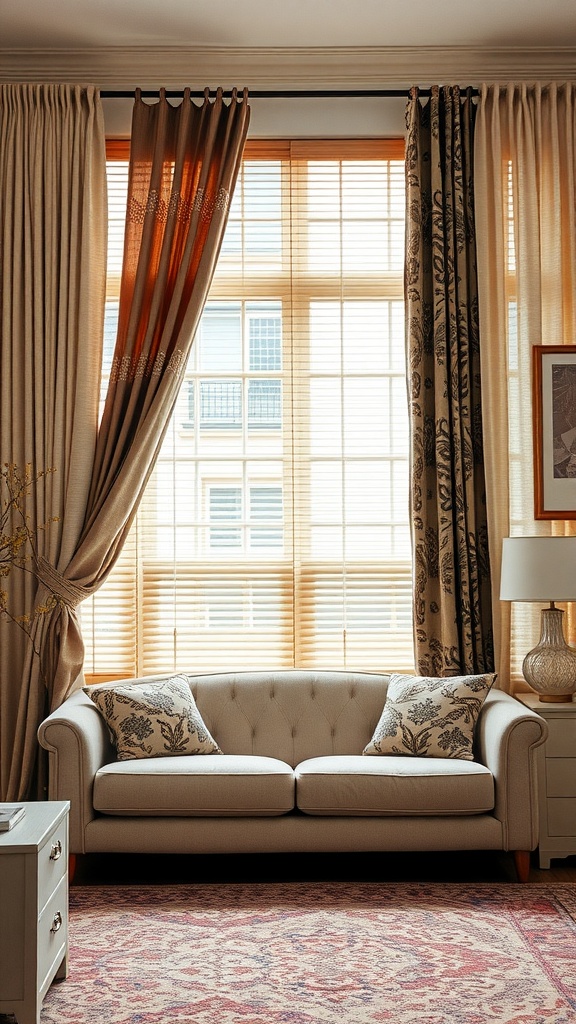 A living room with layered window treatments, featuring beige curtains and wooden blinds.