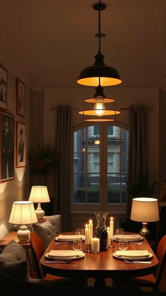 Cozy dining area with layered lighting and candles on the table