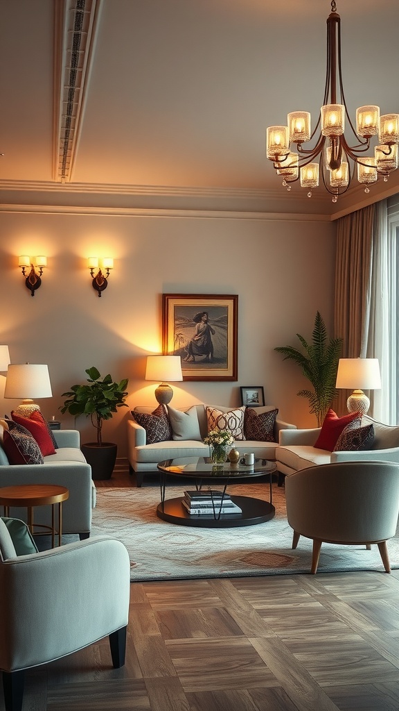 A cozy living room with a chandelier, wall sconces, and table lamps, showcasing layered lighting.