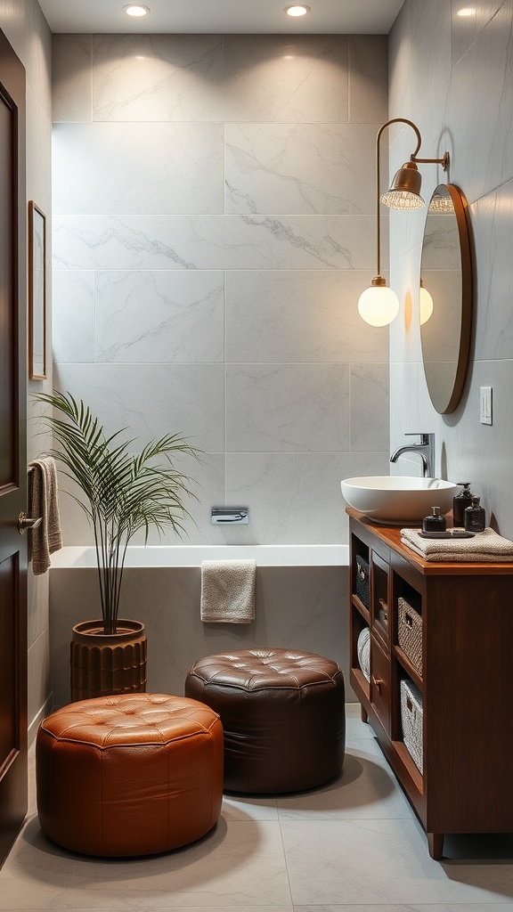 A stylish transitional bathroom featuring leather poufs and modern decor elements.