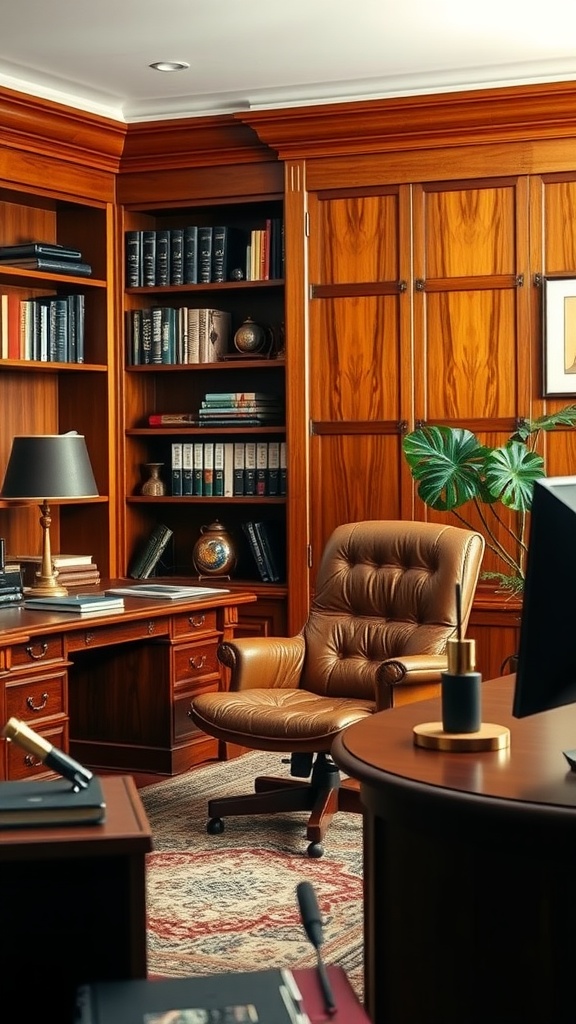 A luxurious masculine home office with leather chair and wooden bookshelves
