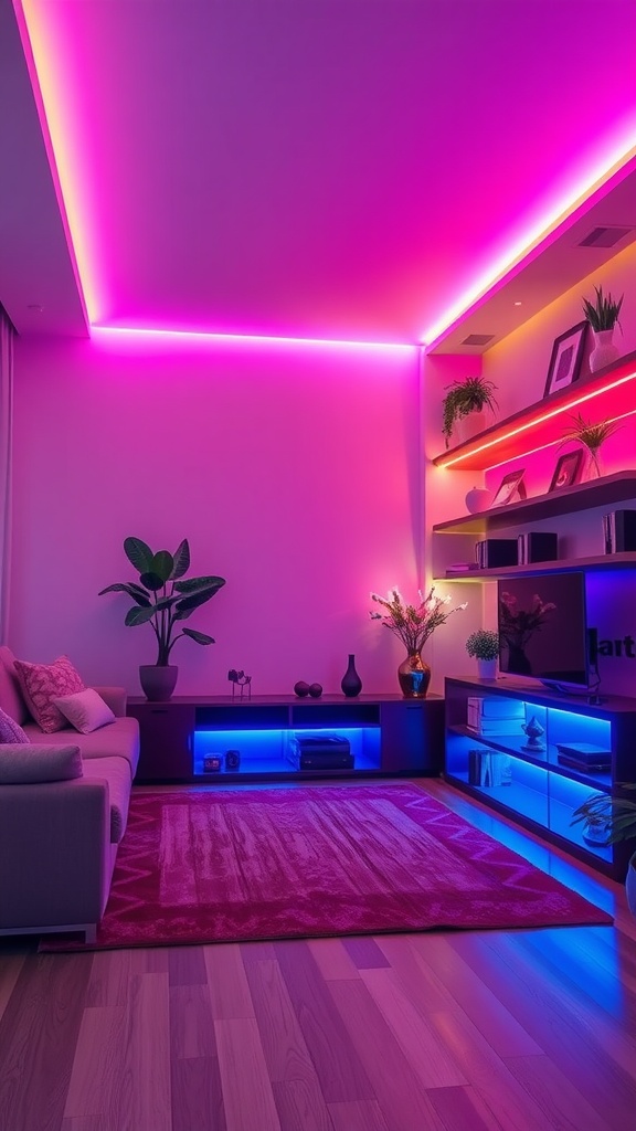 A modern living room with LED strip lights in pink and blue colors.