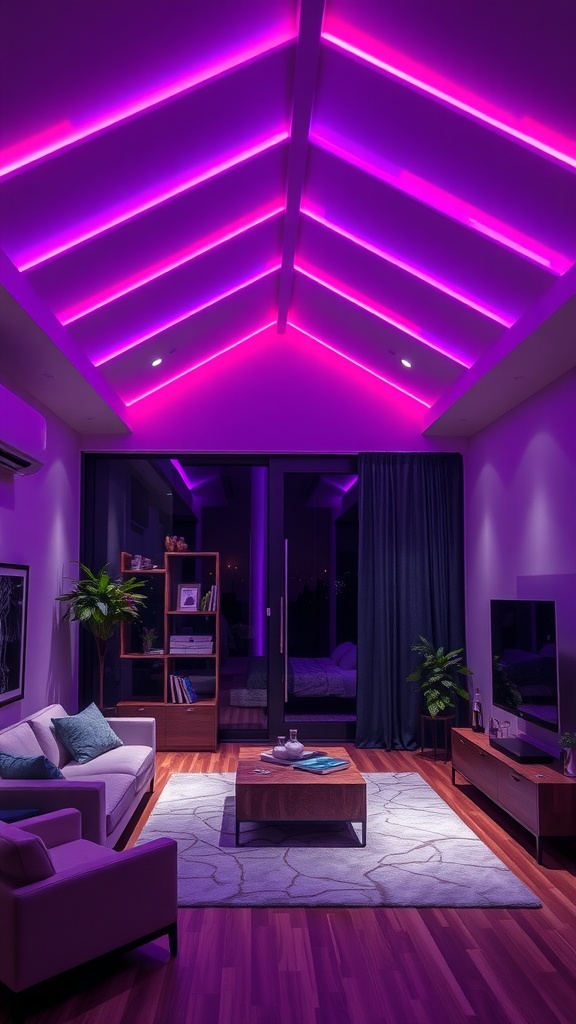 Living room with vaulted ceiling illuminated by purple LED strip lights