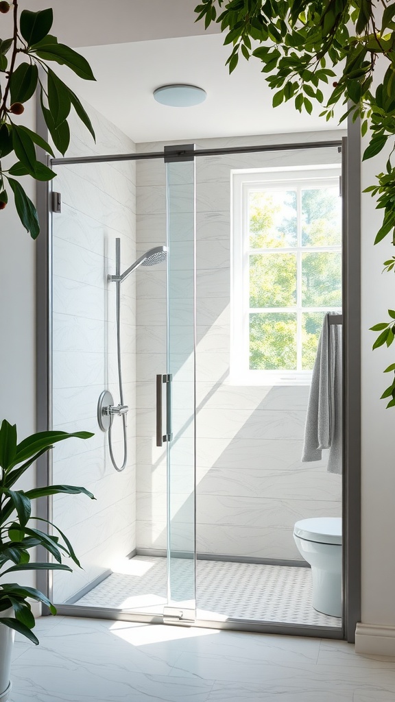 A bright walk-in shower with a glass door, large window, and plants, showcasing natural light and a spacious design.