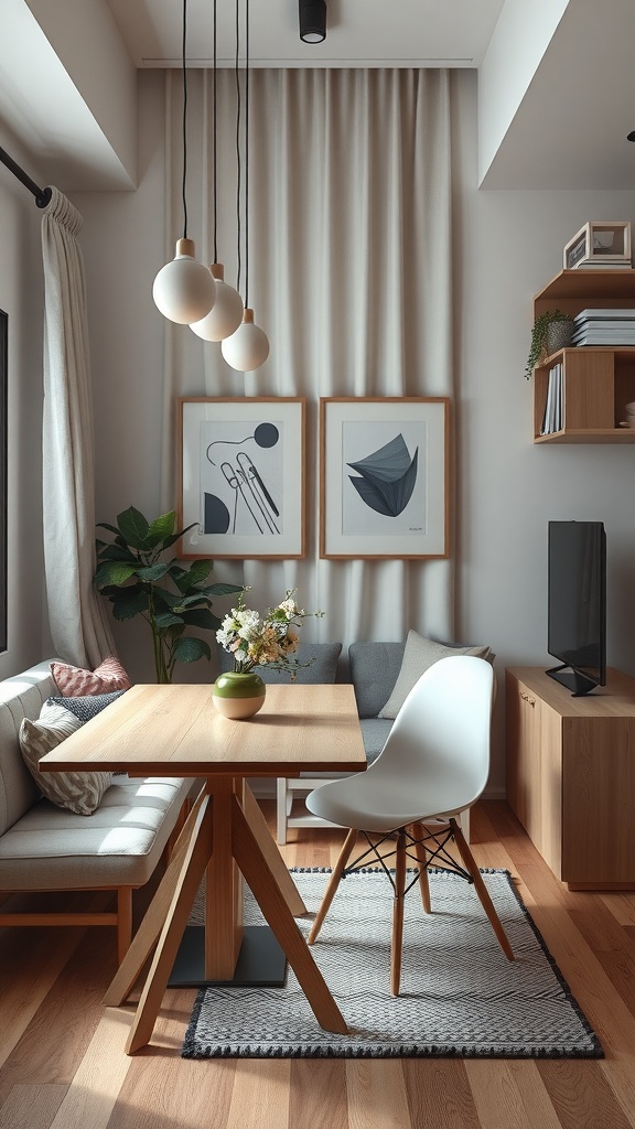 A small living room with a wooden dining table, stylish chairs, decorative wall art, and plants, showcasing a cozy and functional design.