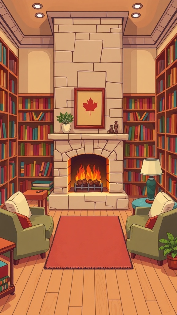 Cozy home library featuring a fireplace and comfortable seating.