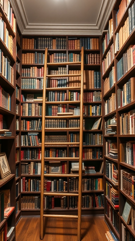 A cozy home library featuring a wooden vintage ladder against a wall of bookshelves filled with various books.