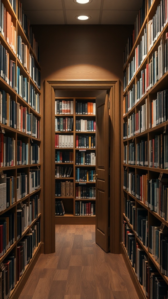 Library with a hidden door entrance between shelves of books.