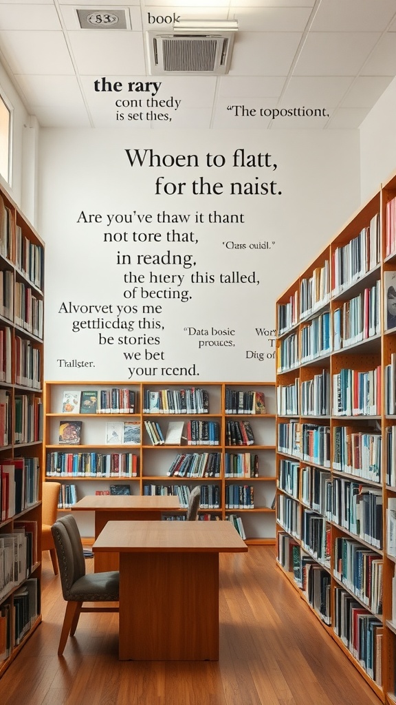 Library interior featuring shelves filled with books and inspirational quotes on the walls.