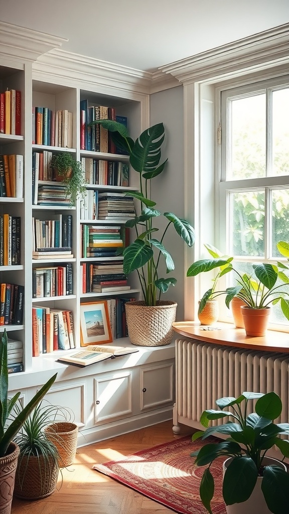 A cozy library corner with bookshelves, plants, and a sunny window seat.