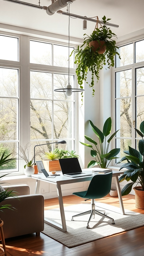 A bright home office with large windows, a sleek desk, and several green plants.