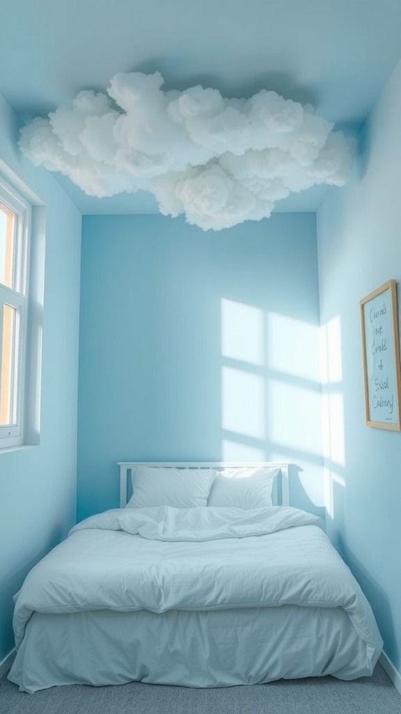 A cozy bedroom featuring light blue walls and a cloud-like ceiling