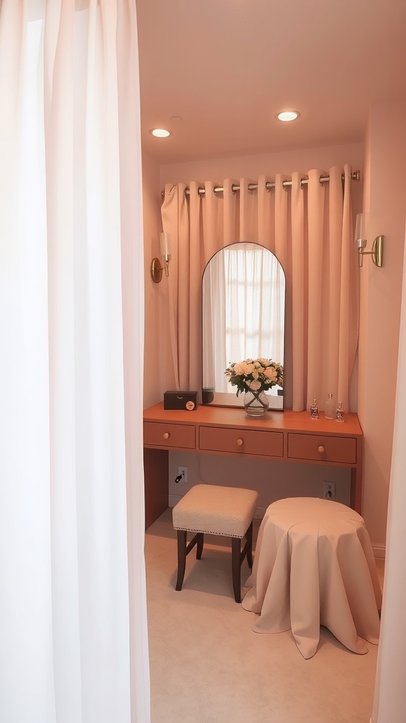 A cozy vanity area with light blush walls, elegant curtains, and soft furnishings