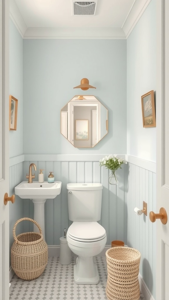 Small bathroom featuring soft pink walls, white tiles, and stylish accessories.
