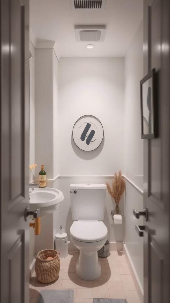 A small bathroom with light walls, a round mirror, and minimal decor, creating an open and airy feel.