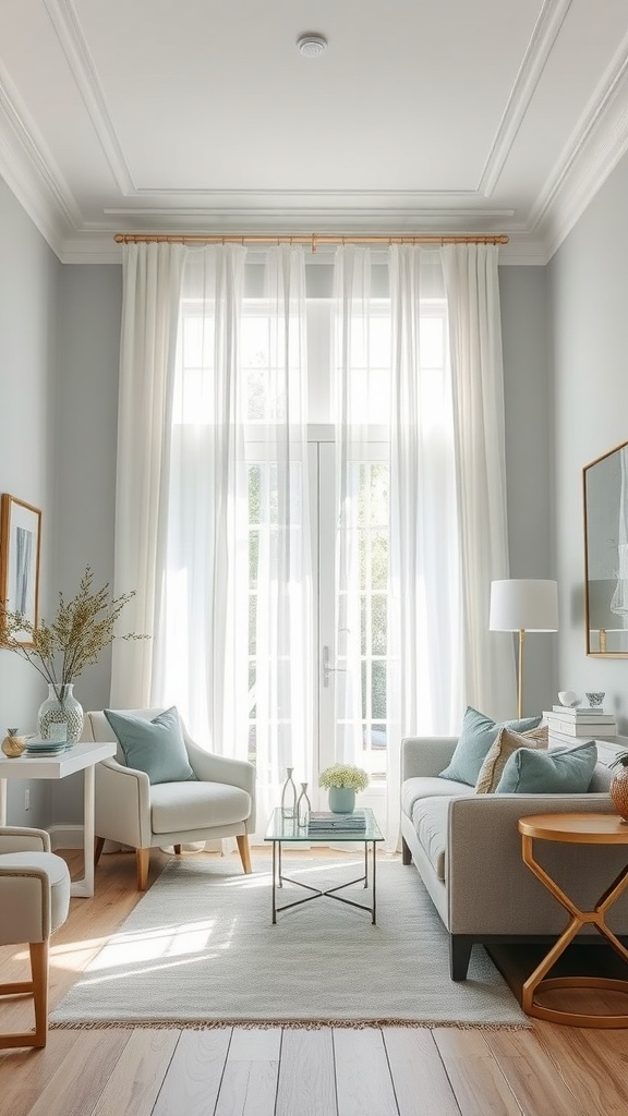 A cozy living room featuring Light French Gray walls, white curtains, and light wood flooring.