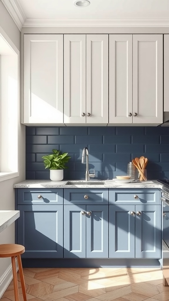 A modern kitchen with light grey upper cabinets and navy blue lower cabinets, featuring a marble countertop and a small plant.