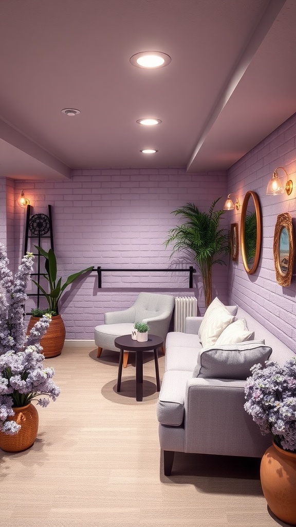 Cozy basement with light lavender walls, modern furniture, and decorative plants.